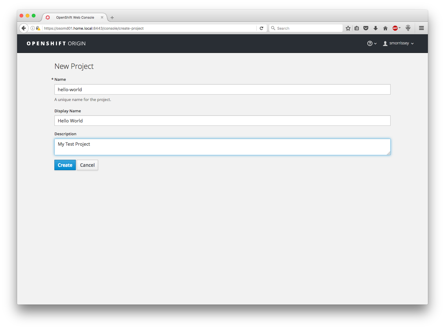 openshift new project page